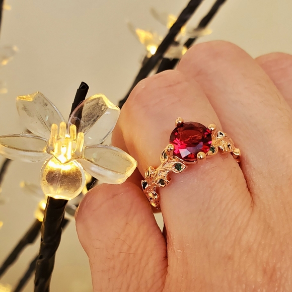 Grand Romantic Gesture Red Ruby Rose Emerald Green Leaf Gemstone 925 Golden Ring - Picture 12 of 16